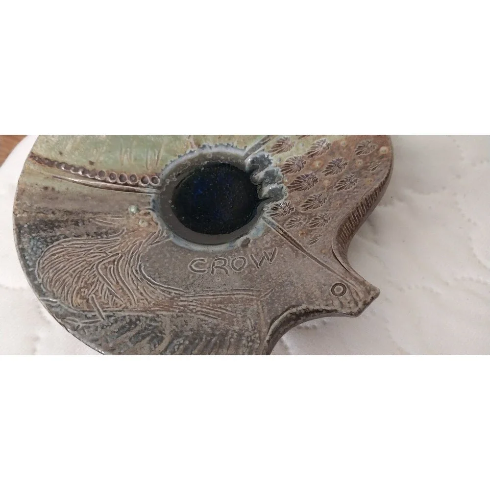 Vintage Studio Pottery Signed Yoltim Crow Hand Painted Wall Hanging Plate